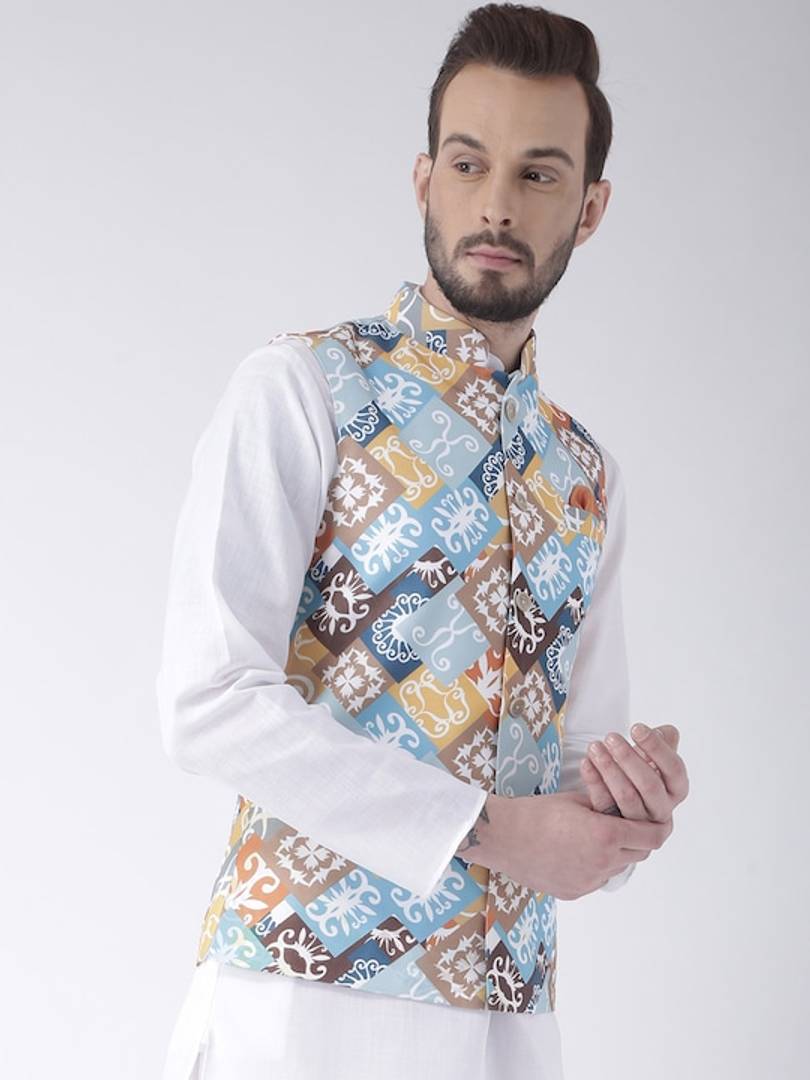 Men's Multicoloured 
Cotton Blend
 Woven Design Nehru Jackets